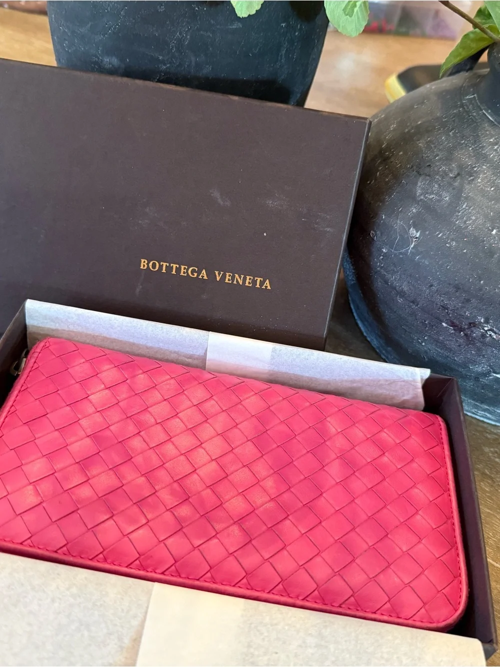 Bottega Veneta Hot Pink Intrecciato Leather Zip Wallet